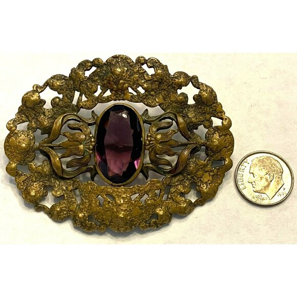 Victorian Brass Amethyst Purple Glass Sash Brooch Pin Art Nouveau 1800s - Picture 8 of 8